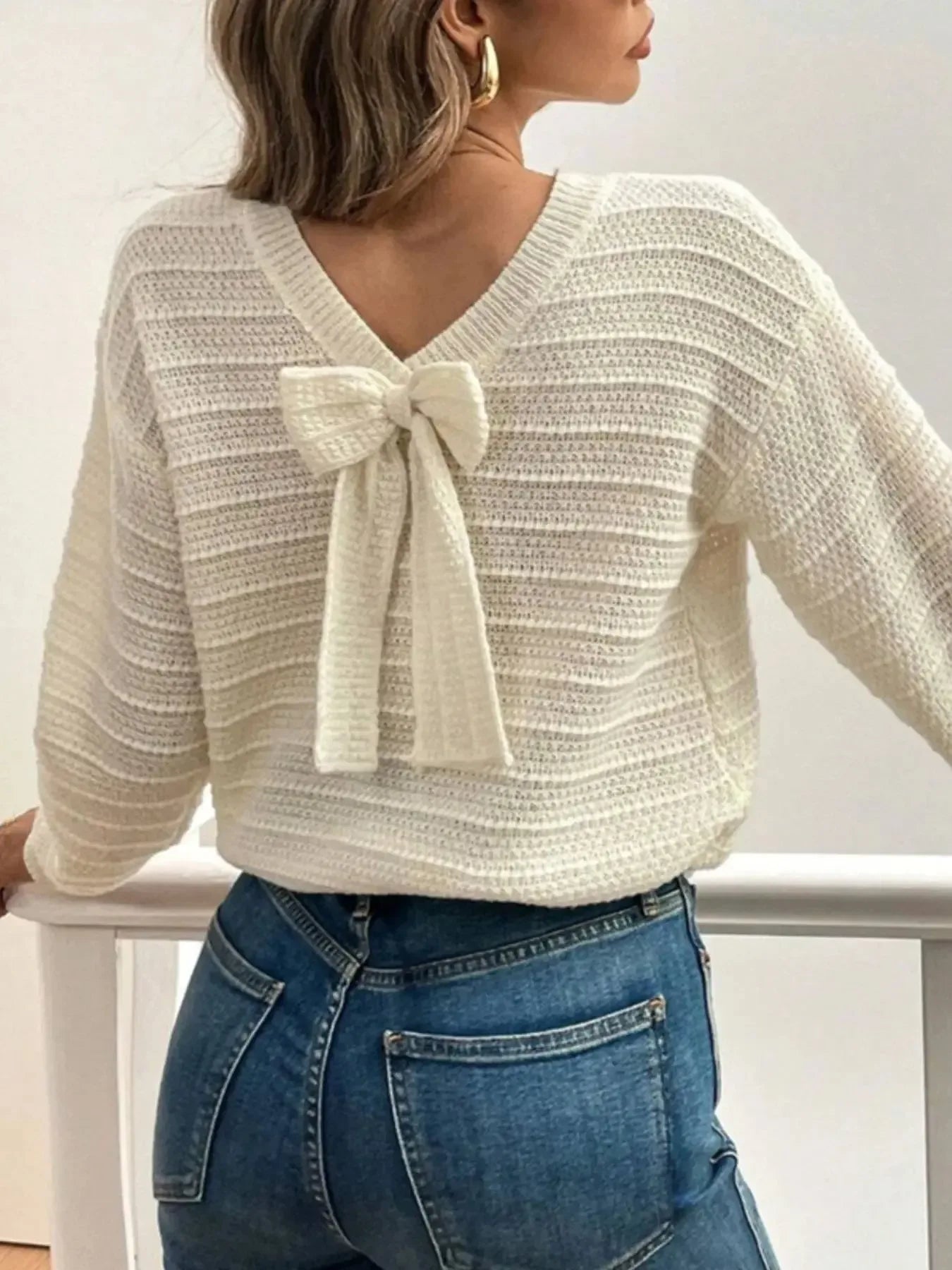 Round Neck Bow-Back Knit Top - Plush Fashion Hub