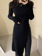 Round neck irregular slit knit dress by Plush Fashion Hub, featuring a stylish design and comfortable fit, perfect for casual wear.