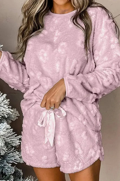 Round Neck Long Sleeve Top and Shorts Lounge Set - Plush Fashion Hub
