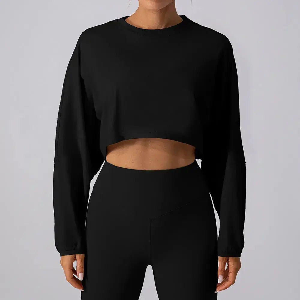 Women's round neck long sleeve yoga sports set by Plush Fashion Hub, moisture-wicking activewear for comfortable workouts.