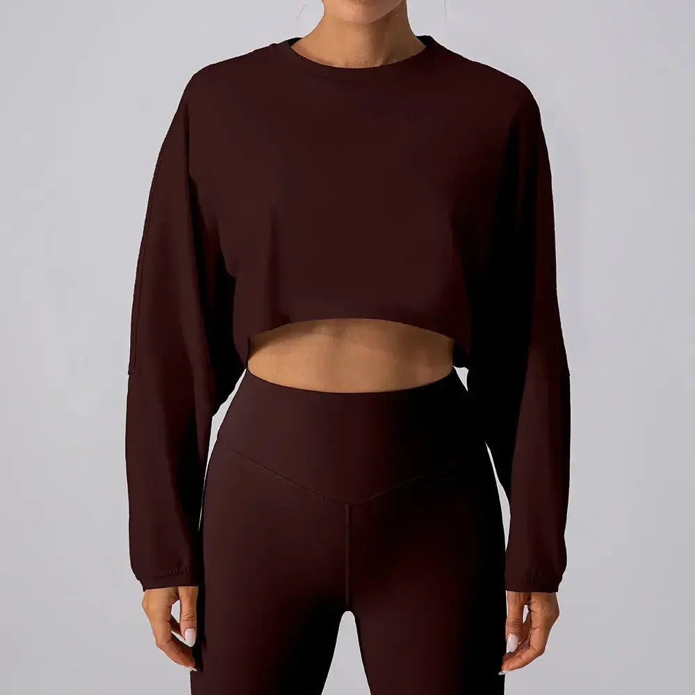 Women's round neck long sleeve yoga sports set by Plush Fashion Hub, moisture-wicking activewear for comfortable workouts.