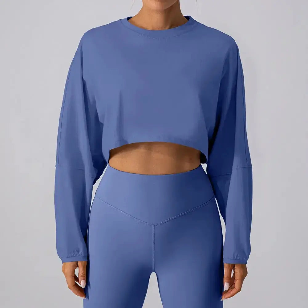 Women's round neck long sleeve yoga sports set by Plush Fashion Hub, moisture-wicking activewear for comfortable workouts.