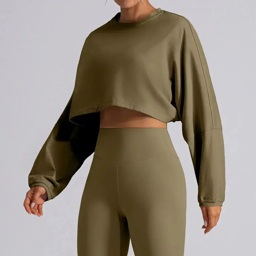 Women's round neck long sleeve yoga sports set by Plush Fashion Hub, moisture-wicking activewear for comfortable workouts.