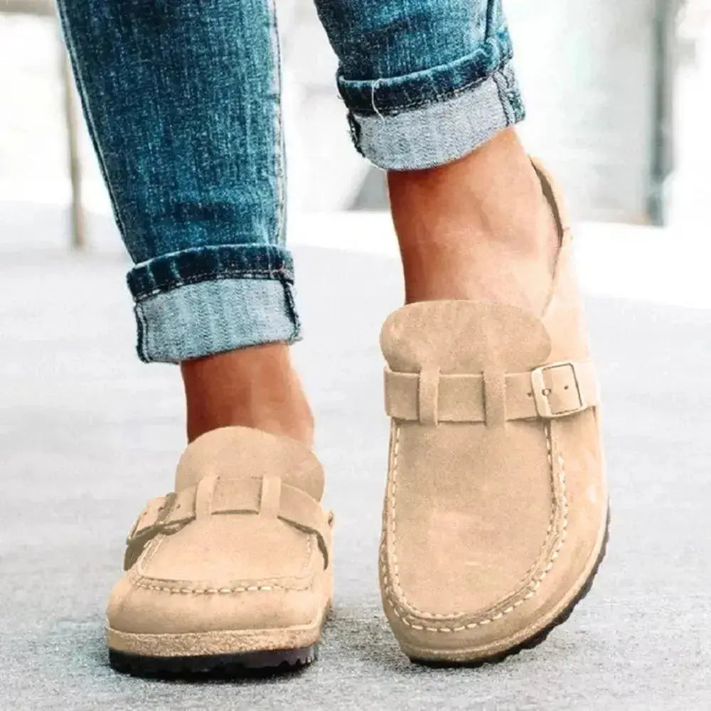 Women's round toe low heel buckle loafers in black premium PU, stylish and comfortable dress footwear by Plush Fashion Hub.