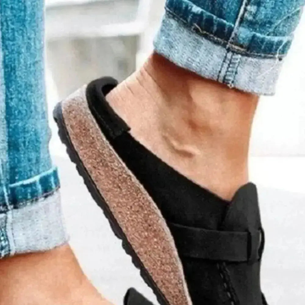 Women's round-toe low heel buckle loafers in premium PU, stylish and comfortable dress shoes by Plush Fashion Hub.