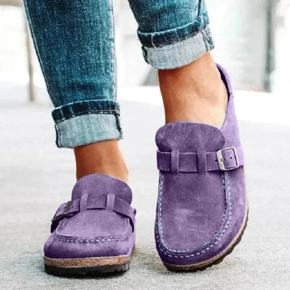 Women's round toe low heel buckle loafers in premium PU, stylish and comfortable dress shoes by Plush Fashion Hub.
