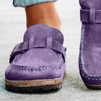 Women's round toe low heel buckle loafers in premium PU, stylish and comfortable dress footwear by Plush Fashion Hub.