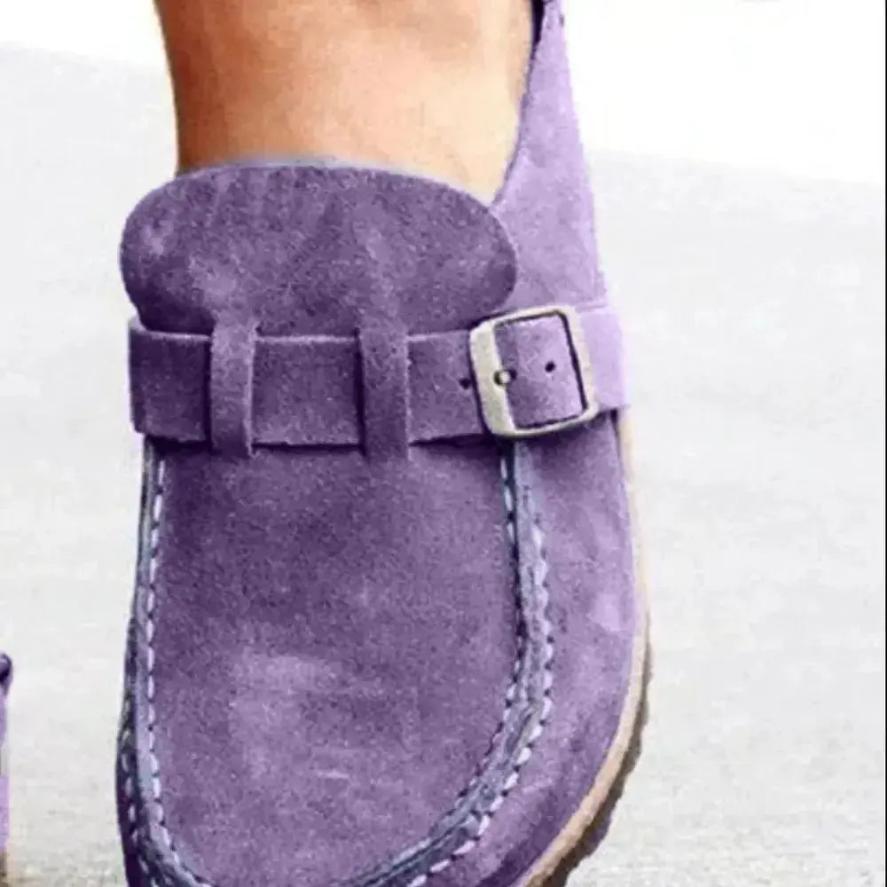 Women's round toe low heel buckle loafers in premium PU, stylish and comfortable dress shoes by Plush Fashion Hub.