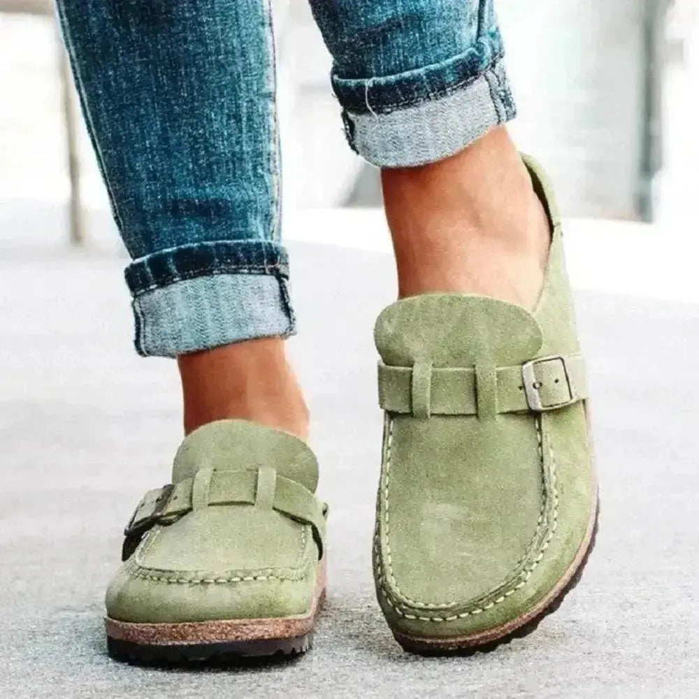Women's round toe low heel buckle loafers in premium PU, stylish and comfortable dress shoes by Plush Fashion Hub.