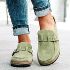 Women's round toe low heel buckle loafers in premium PU, stylish and comfortable dress shoes by Plush Fashion Hub.