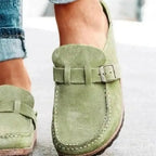 Women's round toe low heel buckle loafers in beige plush PU, stylish and comfortable dress footwear from Plush Fashion Hub.