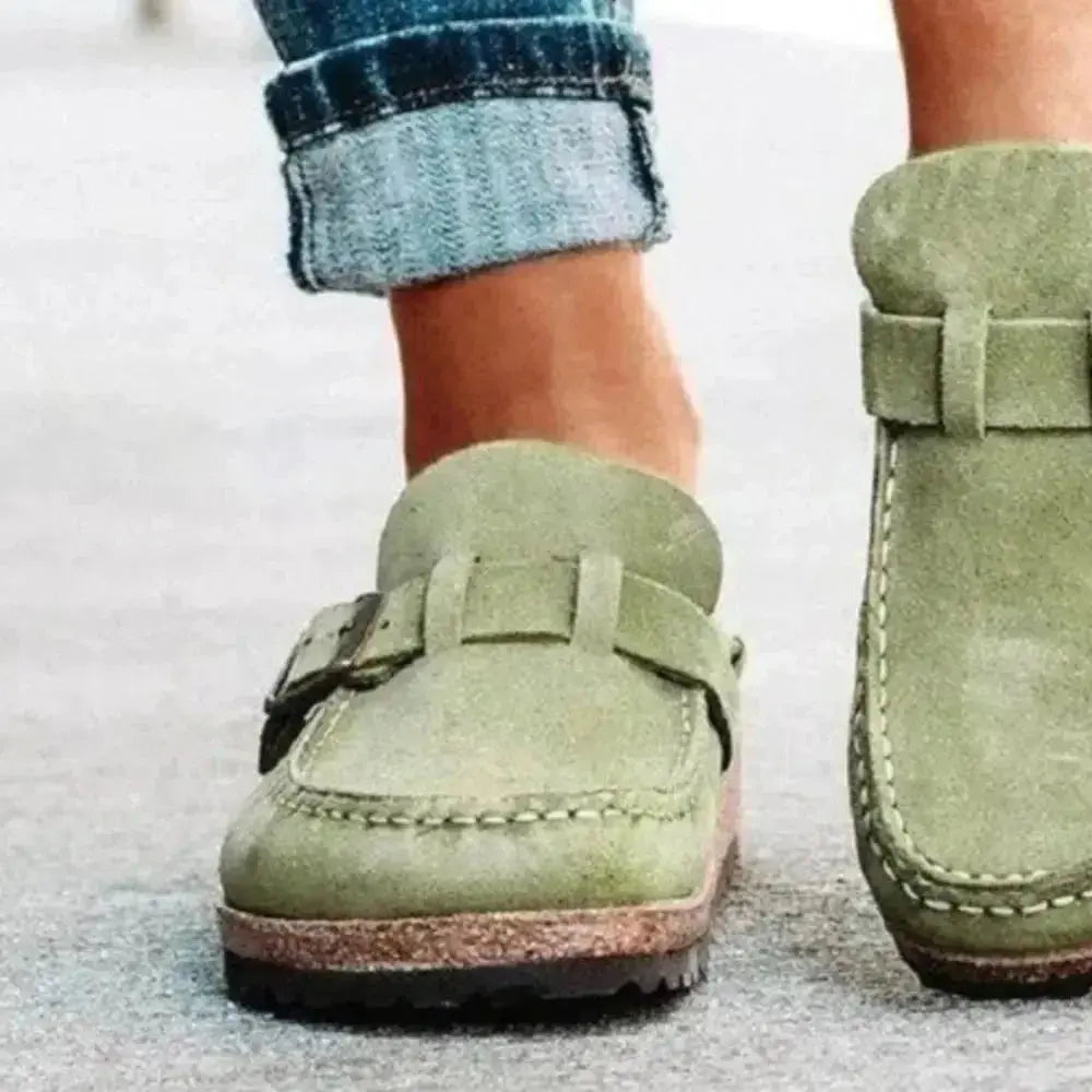 Women's round toe low heel loafers with buckle detail from Plush Fashion Hub, made of comfortable premium PU dress shoes.