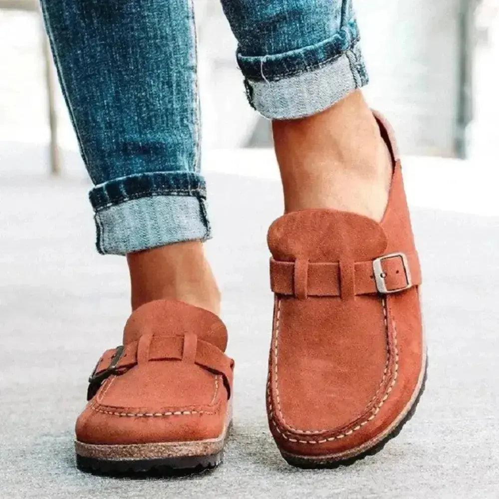 Women's round toe low heel buckle loafers in premium PU, stylish dress shoes from Plush Fashion Hub.