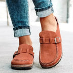 Women's round toe low heel buckle loafers in premium PU, stylish dress shoes from Plush Fashion Hub.