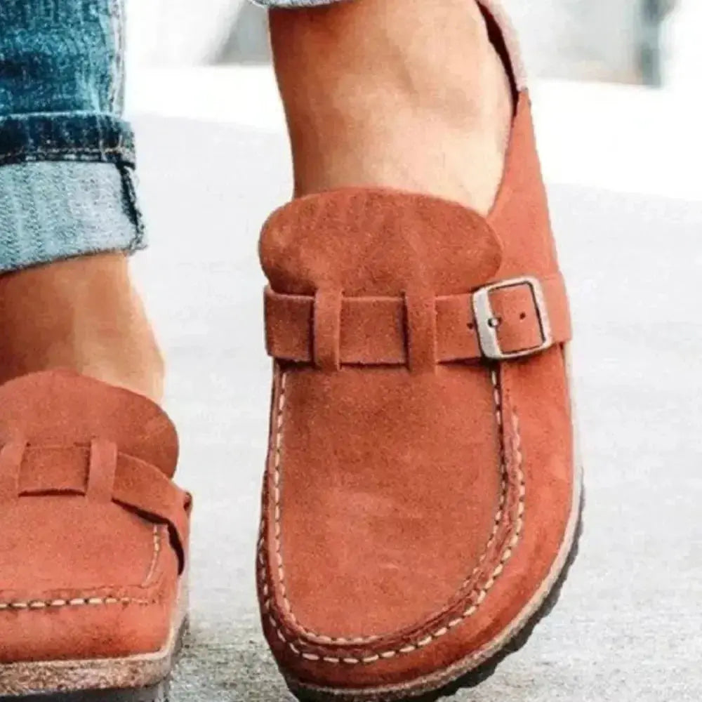 Women's round toe low heel buckle loafers in premium PU, stylish dress shoes by Plush Fashion Hub, comfortable and versatile footwear
