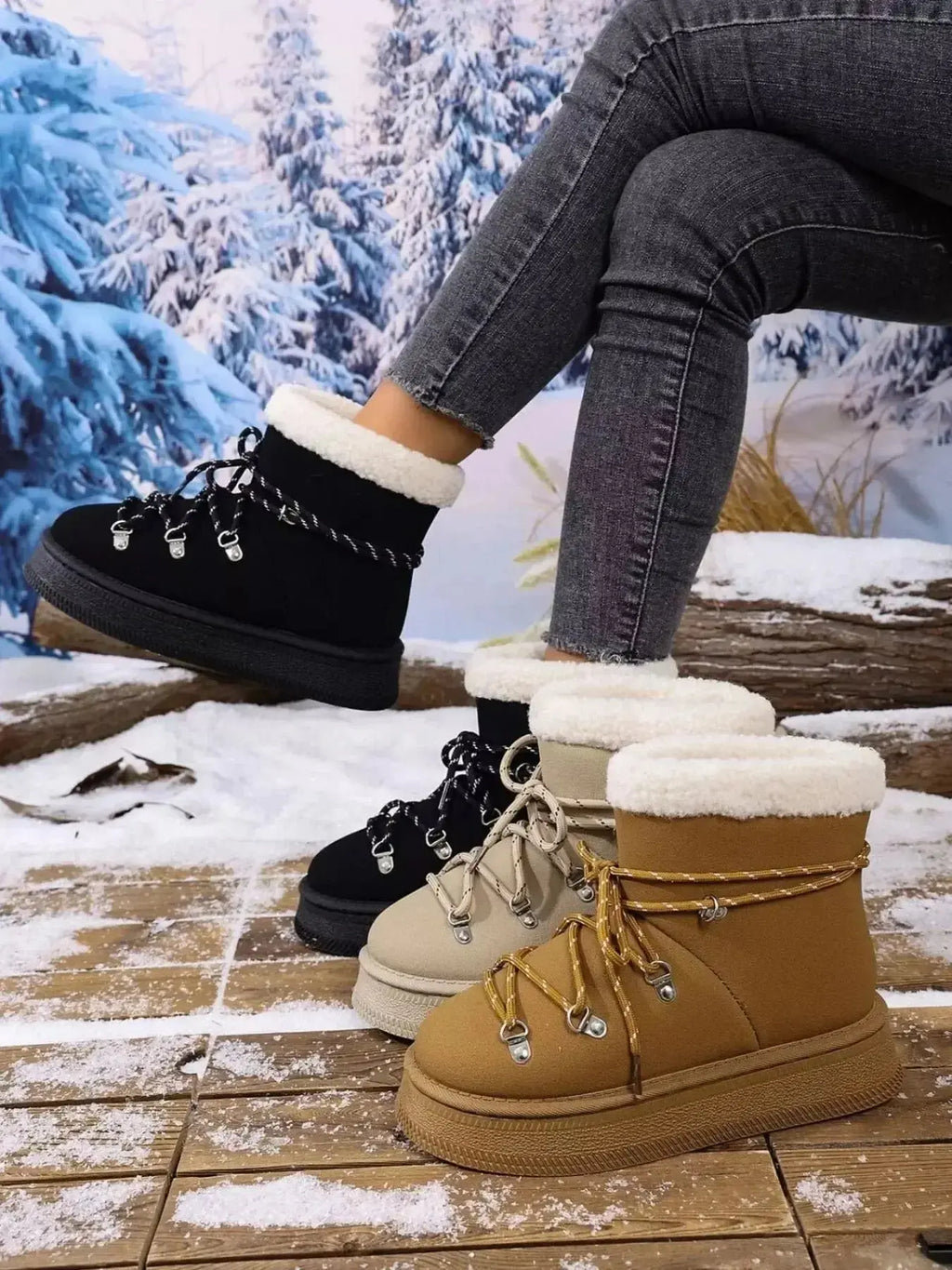 Women's round toe platform boots with plush lining by Plush Fashion Hub, stylish faux leather winter footwear with thick soles.