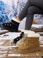Women's round toe platform boots with plush lining by Plush Fashion Hub, stylish faux leather winter footwear with thick soles.