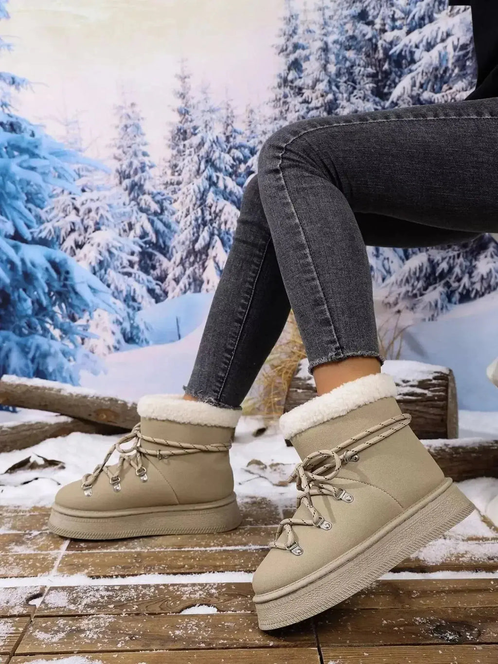 Women's round toe platform boots with plush lining by Plush Fashion Hub, faux leather winter footwear featuring a stylish design.