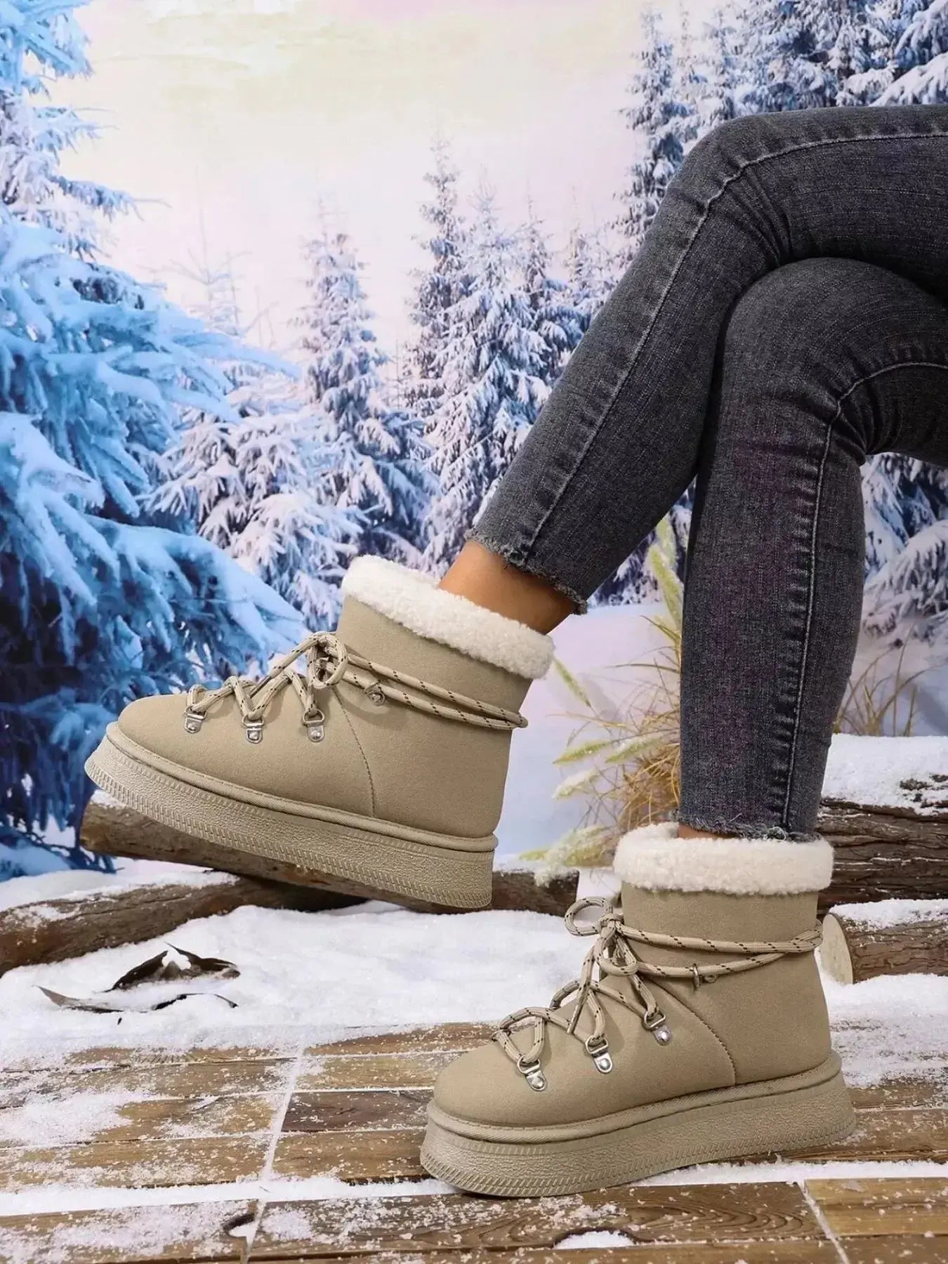 Women's round toe platform boots by Plush Fashion Hub with plush lining, faux leather winter footwear, stylish and warm for cold weather.