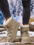 Women's round toe platform boots with plush lining, faux leather winter shoes by Plush Fashion Hub, stylish and warm footwear.