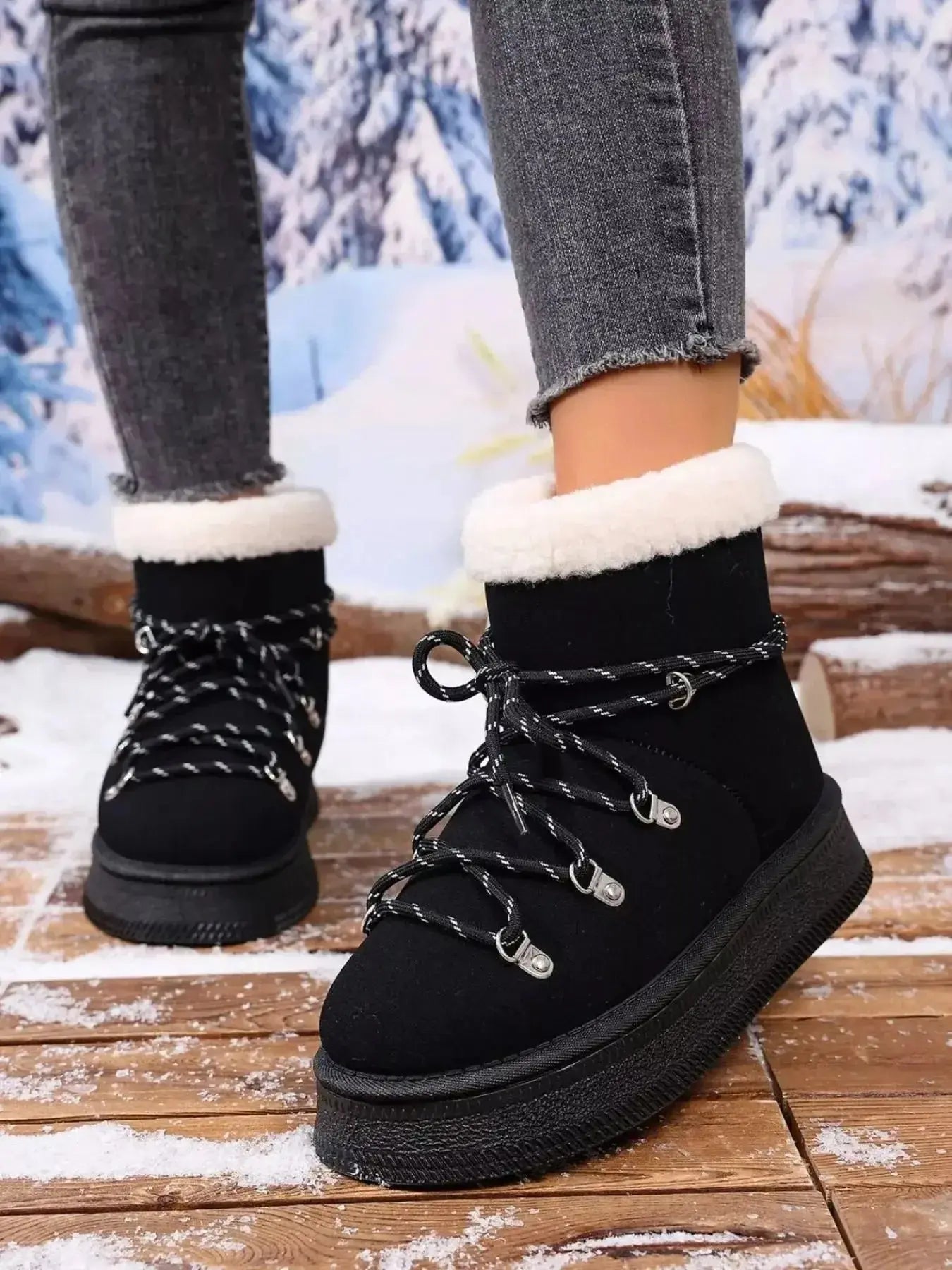 Women's round toe platform boots with plush lining by Plush Fashion Hub, stylish faux leather winter footwear.