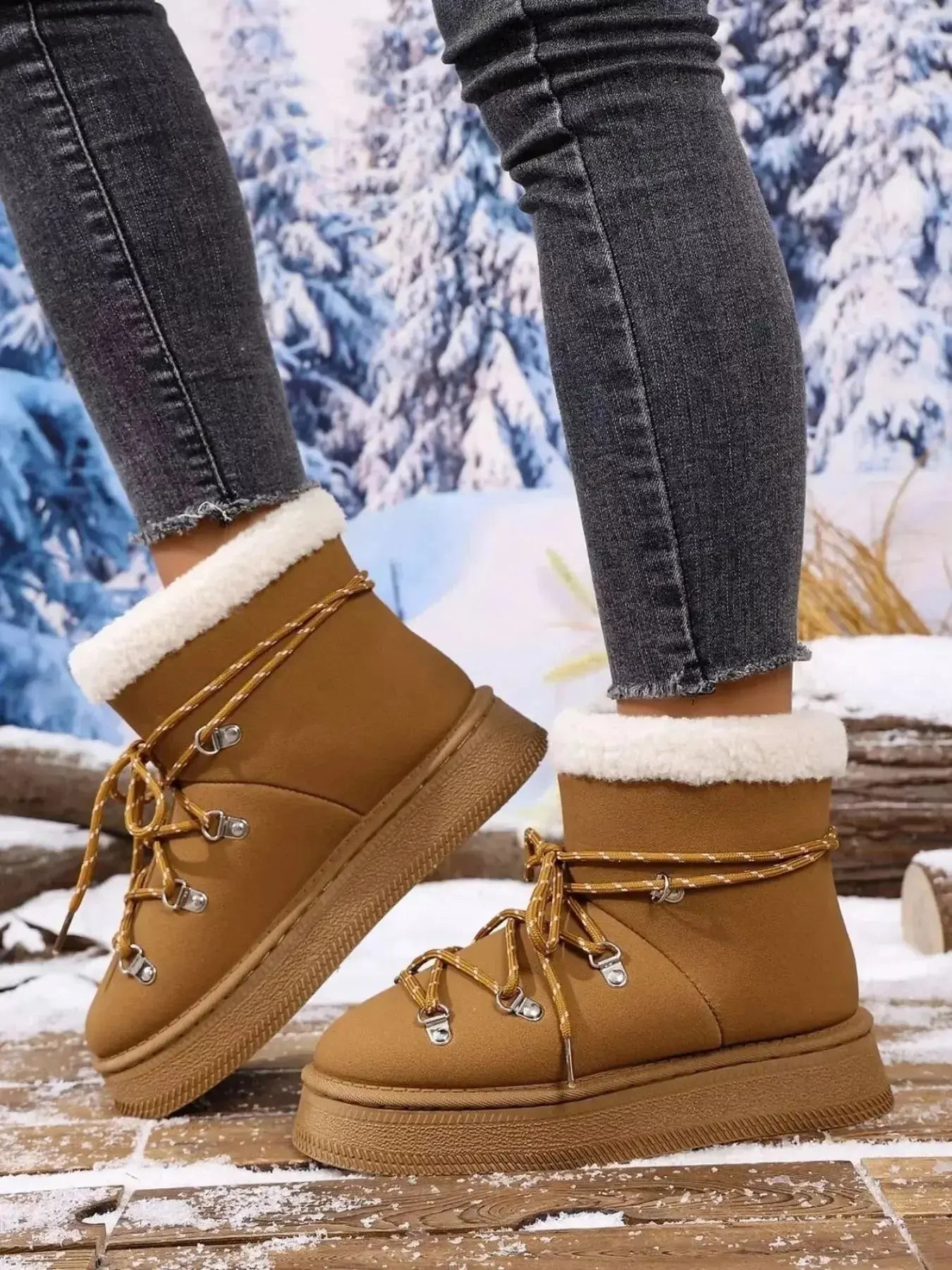 Women's round toe platform boots with plush lining, faux leather winter shoes by Plush Fashion Hub, stylish and warm footwear.