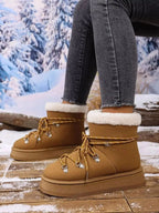 Women's round toe platform boots with plush lining, faux leather winter shoes by Plush Fashion Hub, stylish and warm footwear.