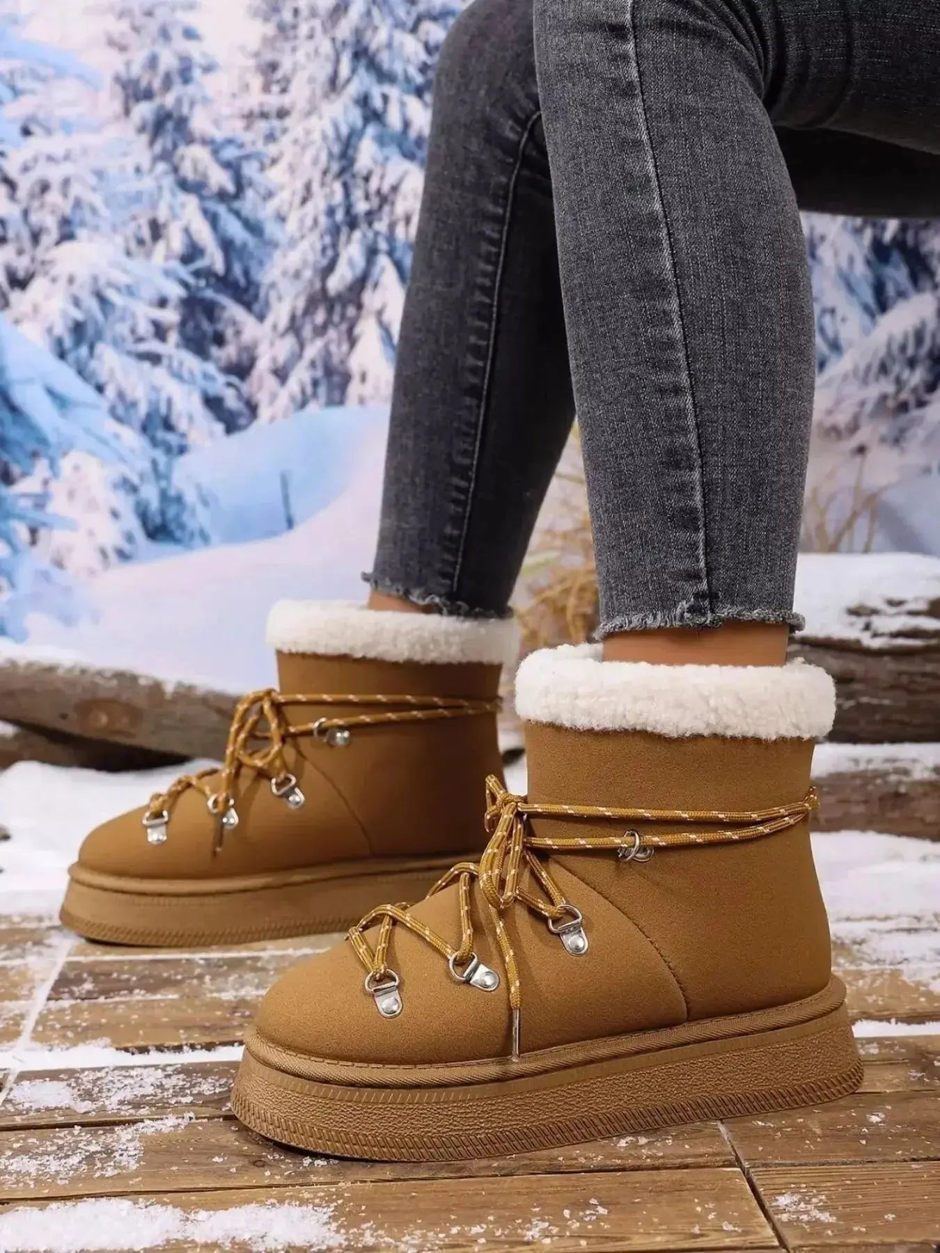 Women's round toe platform boots with plush lining, faux leather winter shoes by Plush Fashion Hub, stylish and warm footwear.