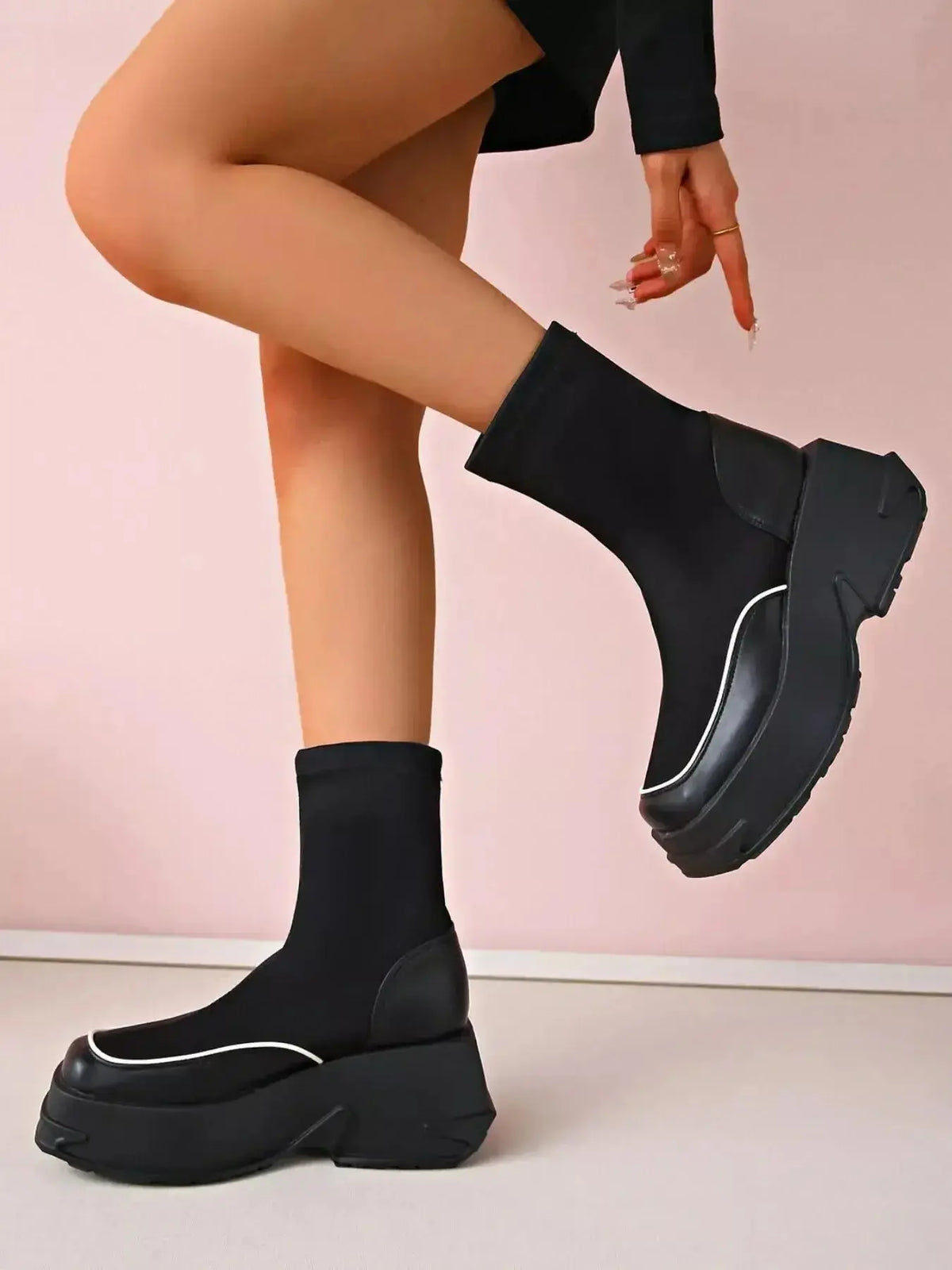 Women’s round toe platform high heel boots by Plush Fashion Hub, showcasing sleek black leather with chunky heels.