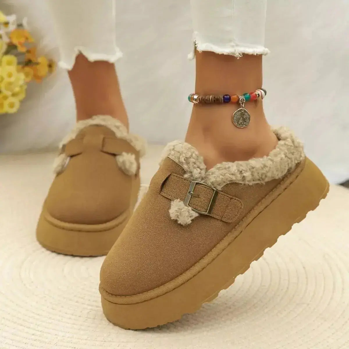 Women's platform fleece-lined slip-on shoes by Plush Fashion Hub, cozy round toe loafers perfect for casual wear.