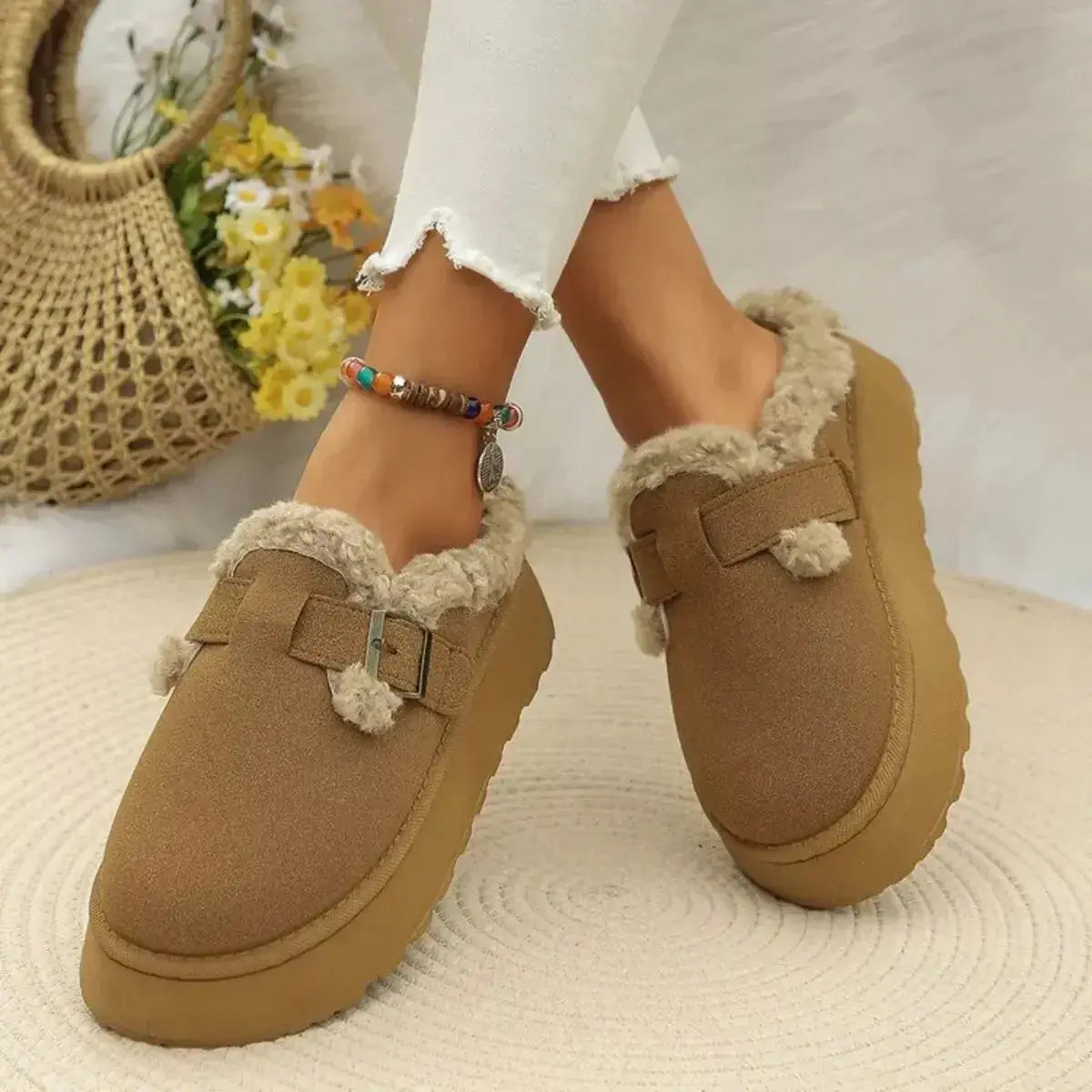 Women's platform fleece-lined slip-on shoes by Plush Fashion Hub featuring cozy round toe loafers for casual comfort.