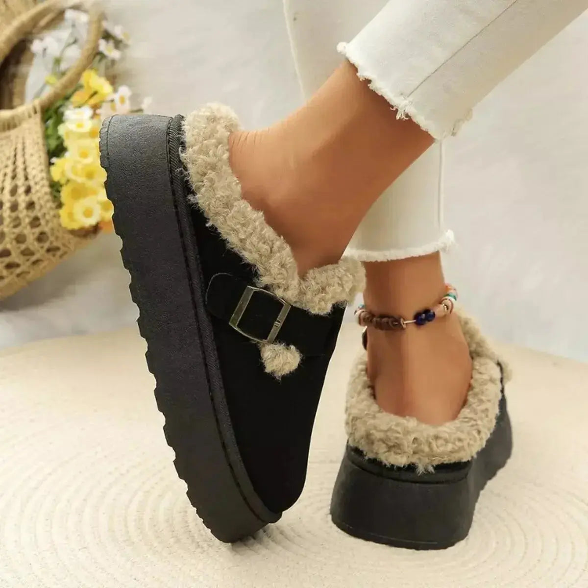 Plush Fashion Hub women's platform fleece-lined slip-on shoes with round toes, casual cozy loafers for cold weather.