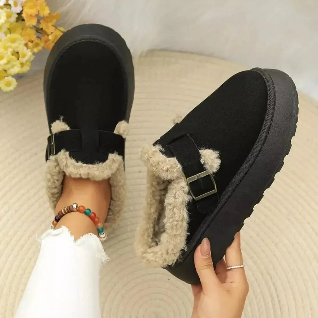Plush Fashion Hub women's platform fleece-lined slip-on shoes with round toe, casual cozy loafers for comfortable style.