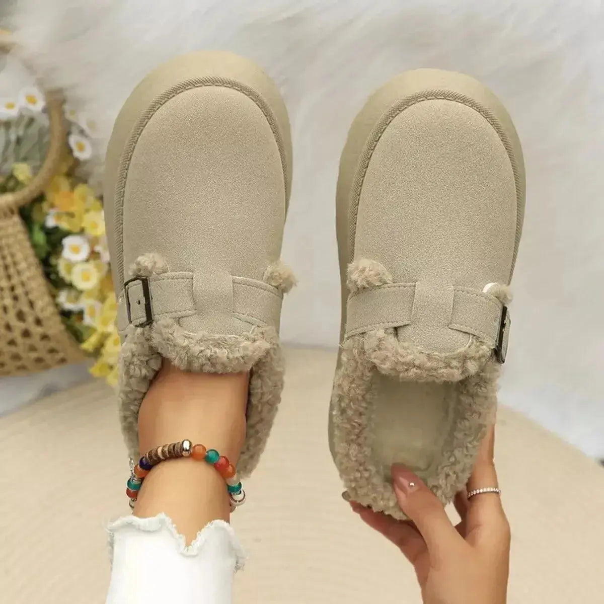 Women's platform fleece-lined slip-on shoes by Plush Fashion Hub featuring cozy round toe loafers for casual comfort.