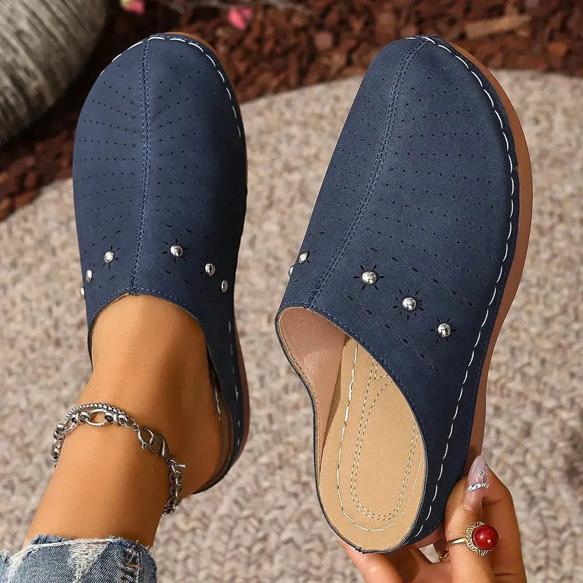 Women's studded round toe slip-on flats in soft vegan leather by Plush Fashion Hub, showcasing stylish design and comfortable fit.