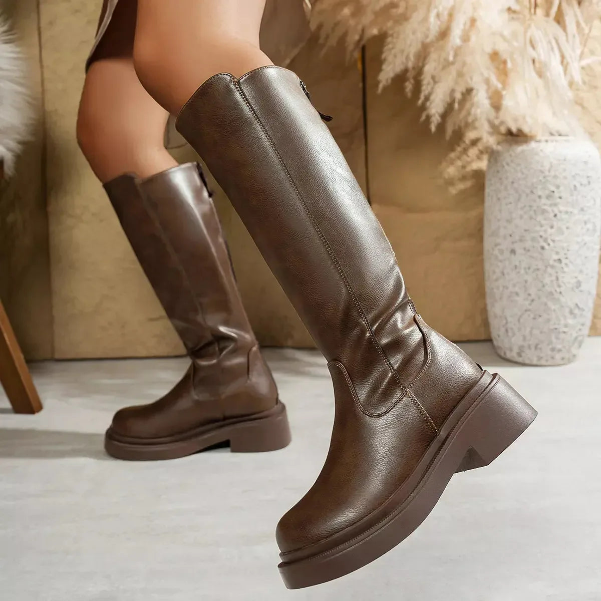 Round Toe Vegan Leather Block Heel Boots - Modern Classic - Plush Fashion Hub