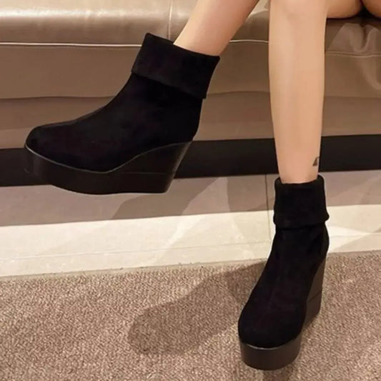 Round Toe Wedge Boots - Plush Fashion Hub