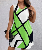Women’s sleeveless V-neck dress with geometric print, stylish fashion dress from Trendy Attic Store01, perfect for casual wear