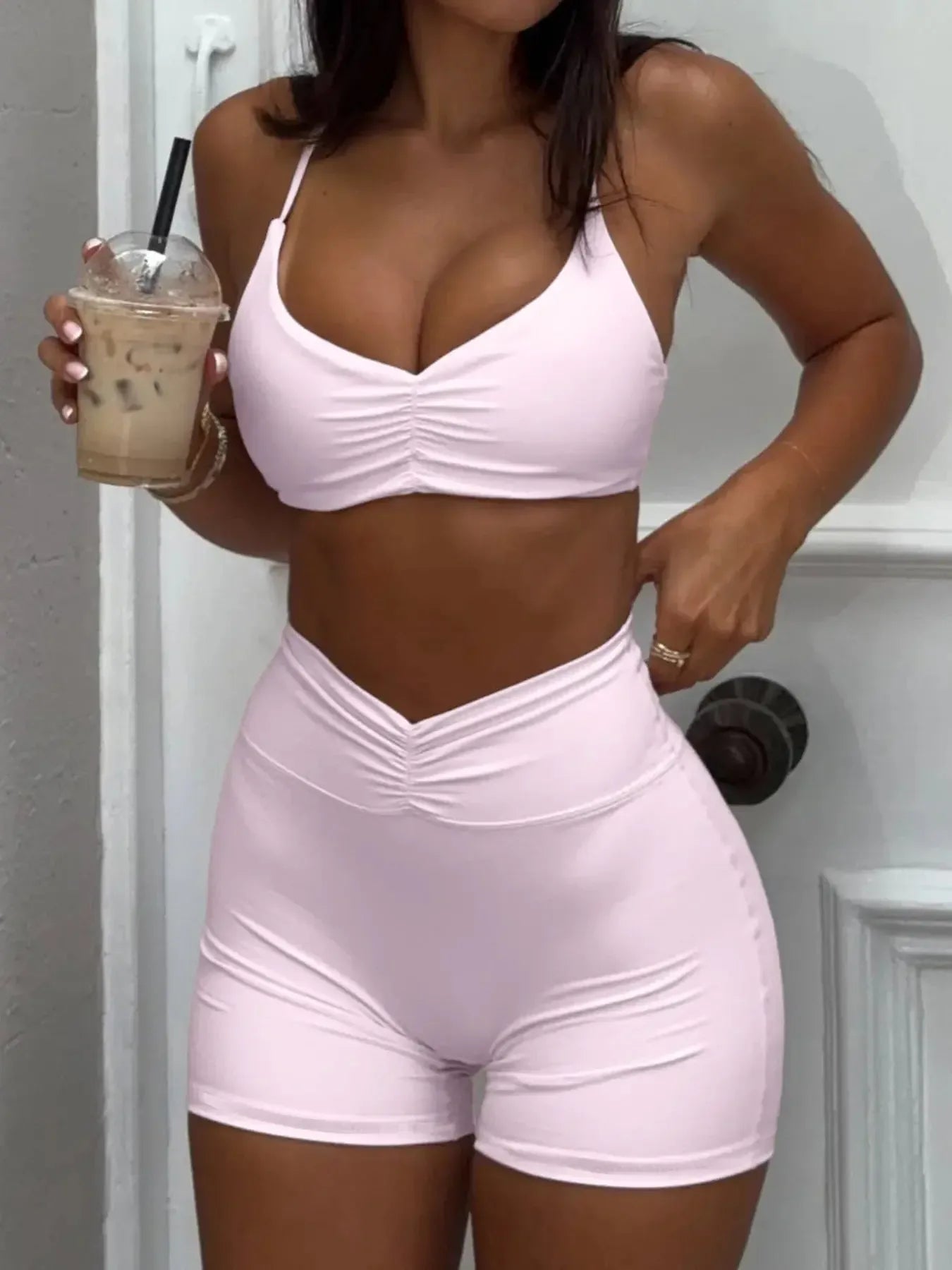 Ruched Sports Bra and High-Waisted Shorts Active Set - Plush Fashion Hub