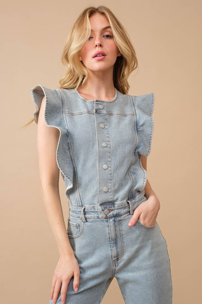 Ruffle Bell Bottom Denim Jumpsuit Pretty Little Patriot