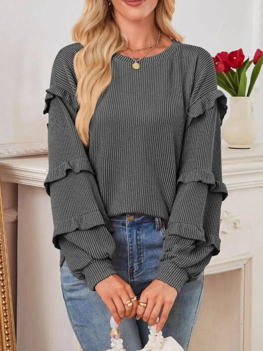 Ruffled Round Neck Long Sleeve Sweatshirt - Plush Fashion Hub
