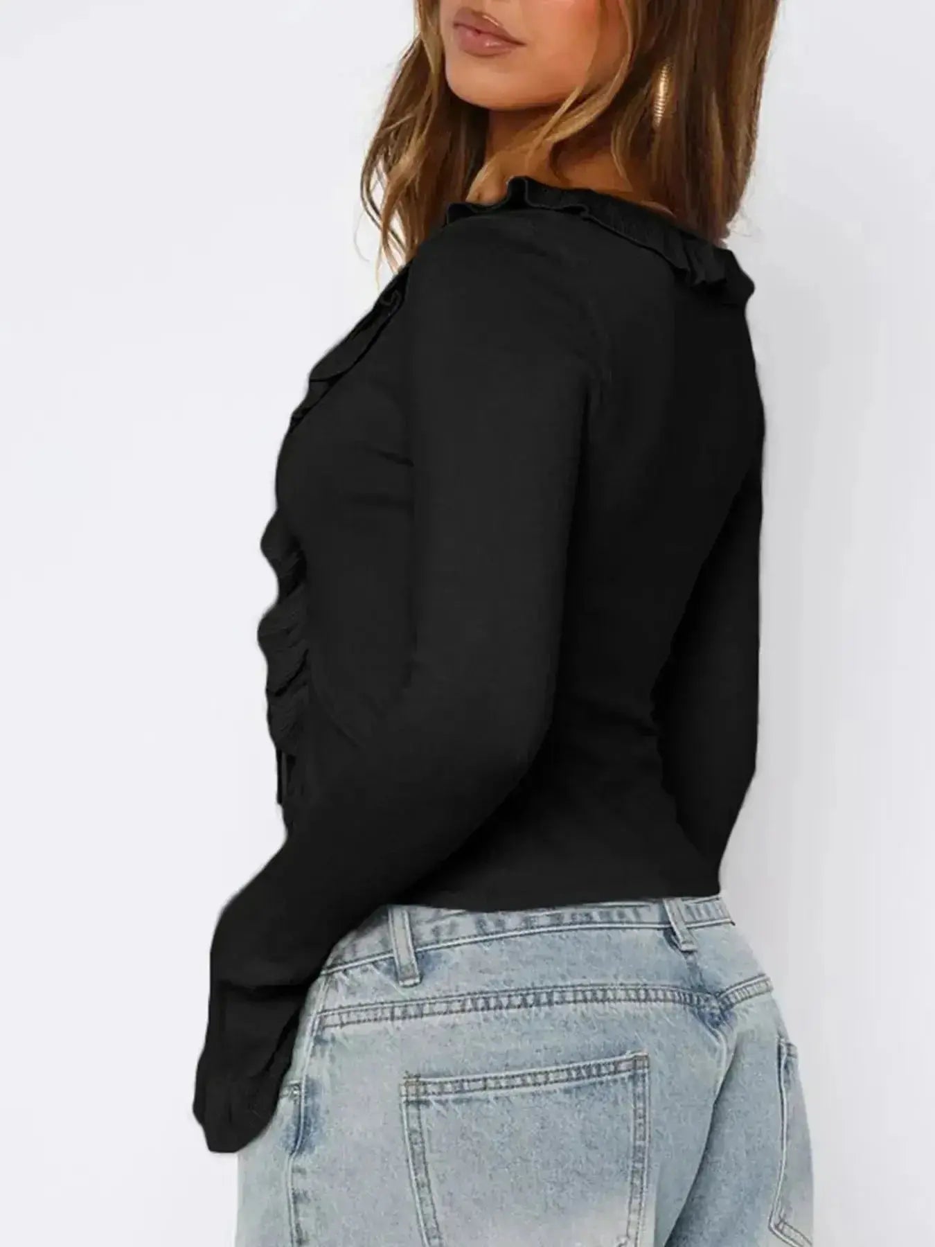Elegant lightweight ruffled tie-front flare sleeve blouse by Plush Fashion Hub, shown in a stylish shirt design.