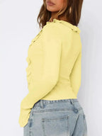 Plush Fashion Hub ruffled tie-front flare sleeve blouse, lightweight elegant shirt with ruffle details and fashionable design.