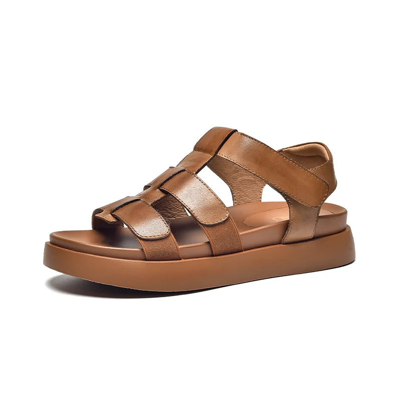 BeauToday summer gladiator sandals for women in calfskin leather with open toe, T-strap, hook loop, and handmade details