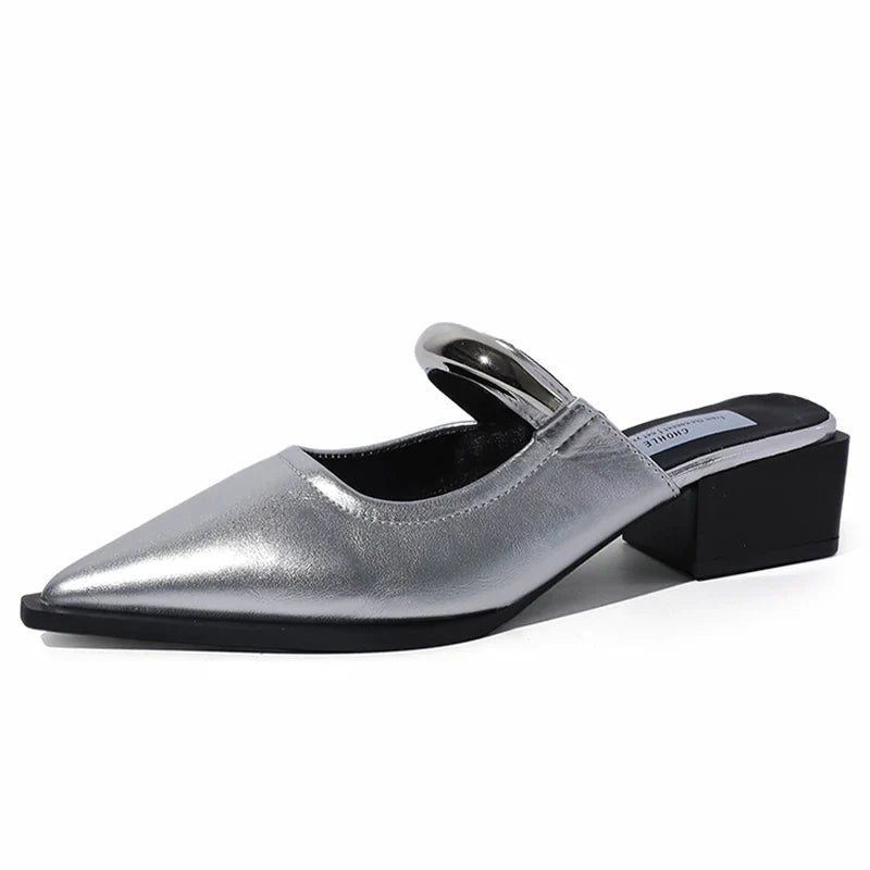 Summer women's cover toe mules by LadyShow.Store featuring metal decoration, thick heel, slide style, and comfortable street footwear