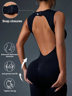 Seamless sleeveless yoga jumpsuit by Plush Fashion Hub featuring a front zipper closure and form-fitting activewear design.