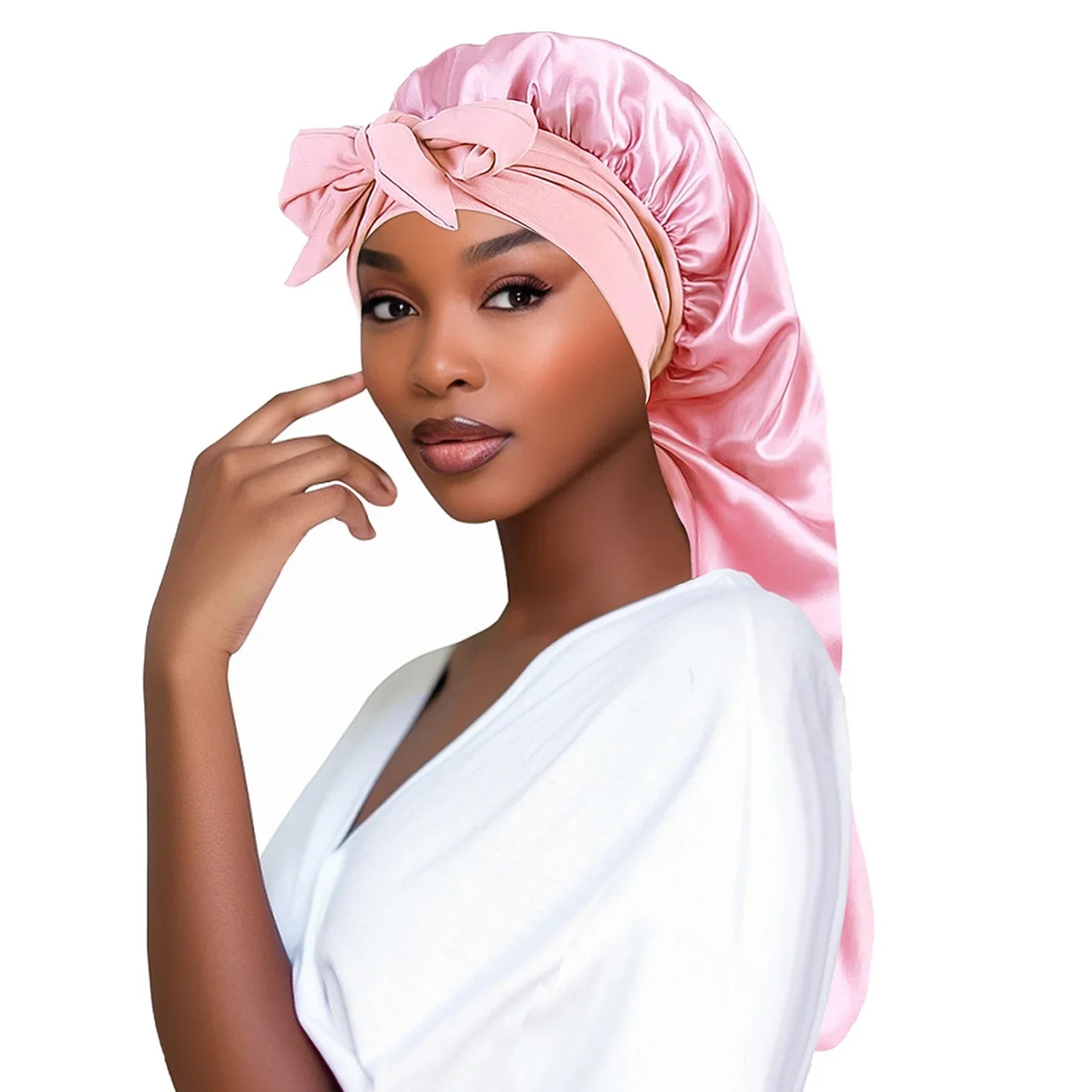 Plush Fashion Hub satin women’s sleep bonnet with long tail braid cover, ideal for night sleep, shower, sauna, or bathing.
