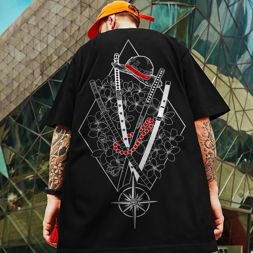 Black oversized streetwear T-shirt with 3D samurai knife print by FitiqueFit, featuring bold graphic artwork.
