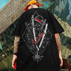 Black oversized streetwear T-shirt with 3D samurai knife print by FitiqueFit, featuring bold graphic artwork.
