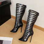 LadyShow hollow out cross strap knee high boots with peep toe, zipper, and strappy design, featuring sexy heeled sandal style for women.